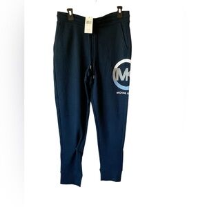 NWT Michael Kors Mens Jogger Pants Solid Navy Logo Size Medium